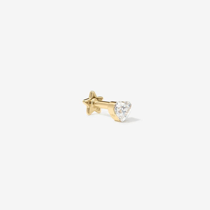 Gold heart-shaped lab-grown diamond stud shown from the side.