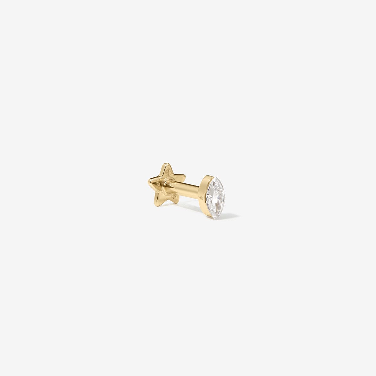Side view of the Dean gold marquise diamond stud, showing its straight post and star-shaped backing.