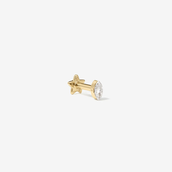 Side view of the Dean gold marquise diamond stud, showing its straight post and star-shaped backing.