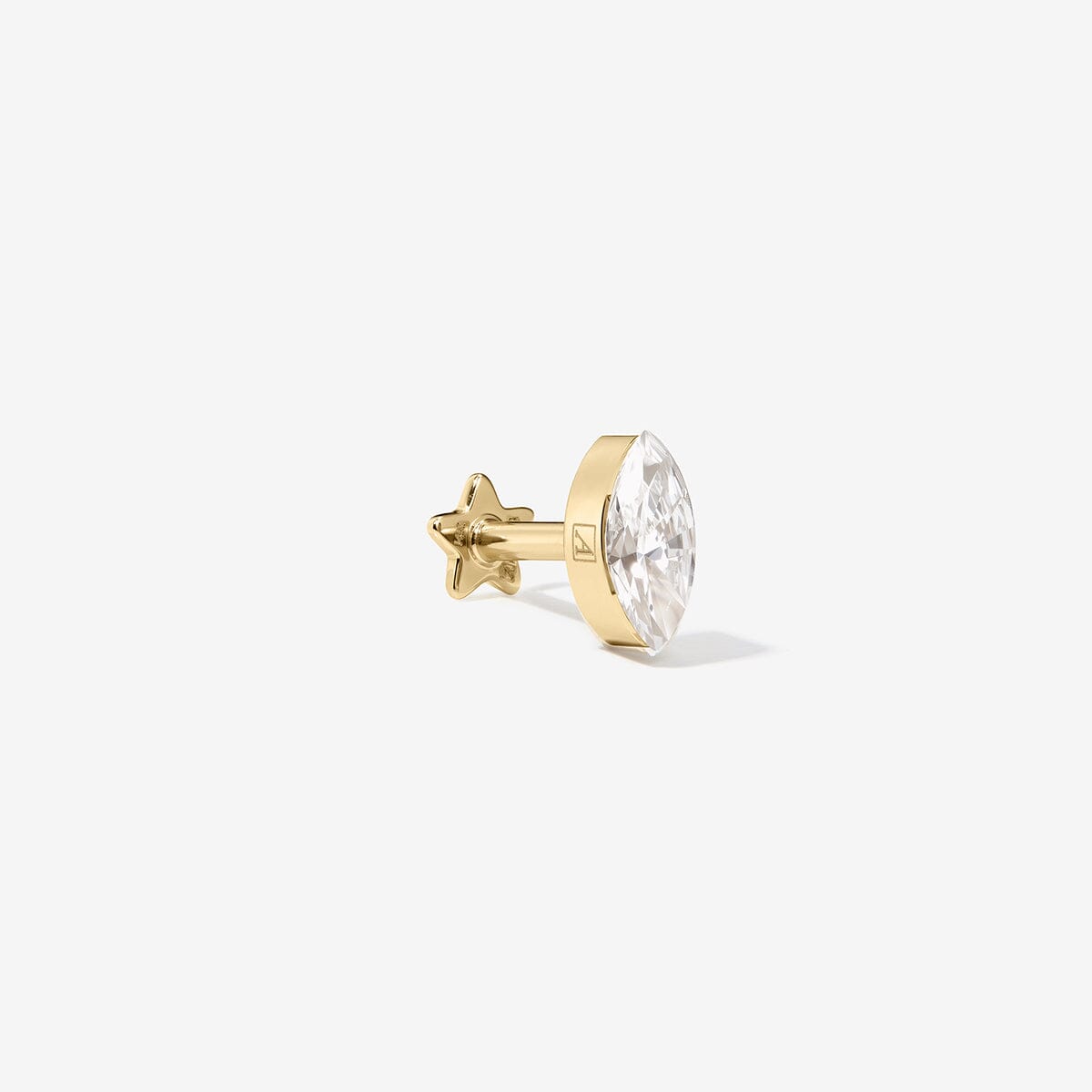 Side view of the Dean gold marquise diamond stud, showing its straight post and star-shaped backing.