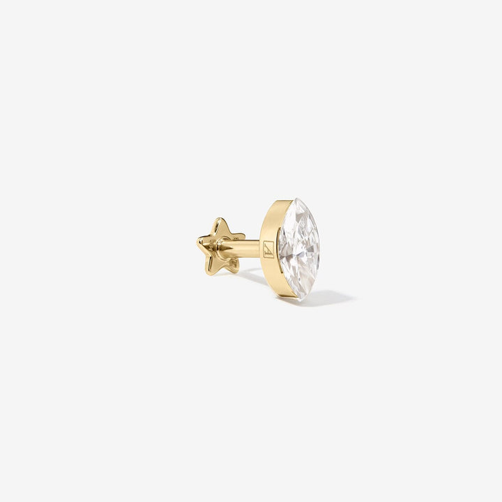Side view of the Dean gold marquise diamond stud, showing its straight post and star-shaped backing.