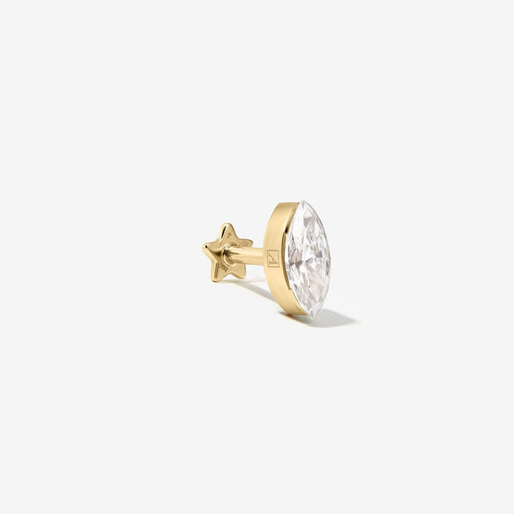 Side view of the Dean gold marquise diamond stud, showing its straight post and star-shaped backing.
