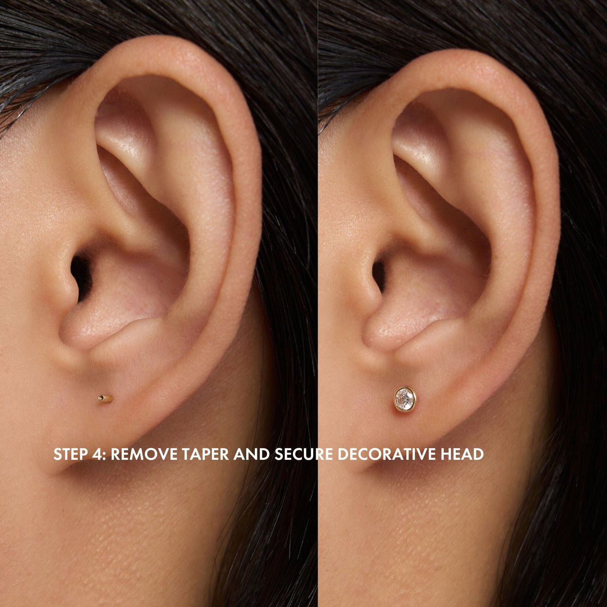 Side-by-side earlobe close-ups showing a bare post and a clear-stone stud, with printed step 4 instructions.