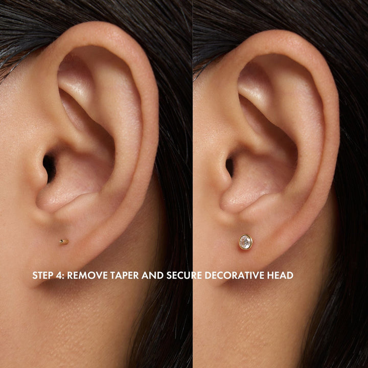 Side-by-side earlobe close-ups showing a bare post and a clear-stone stud, with printed step 4 instructions.