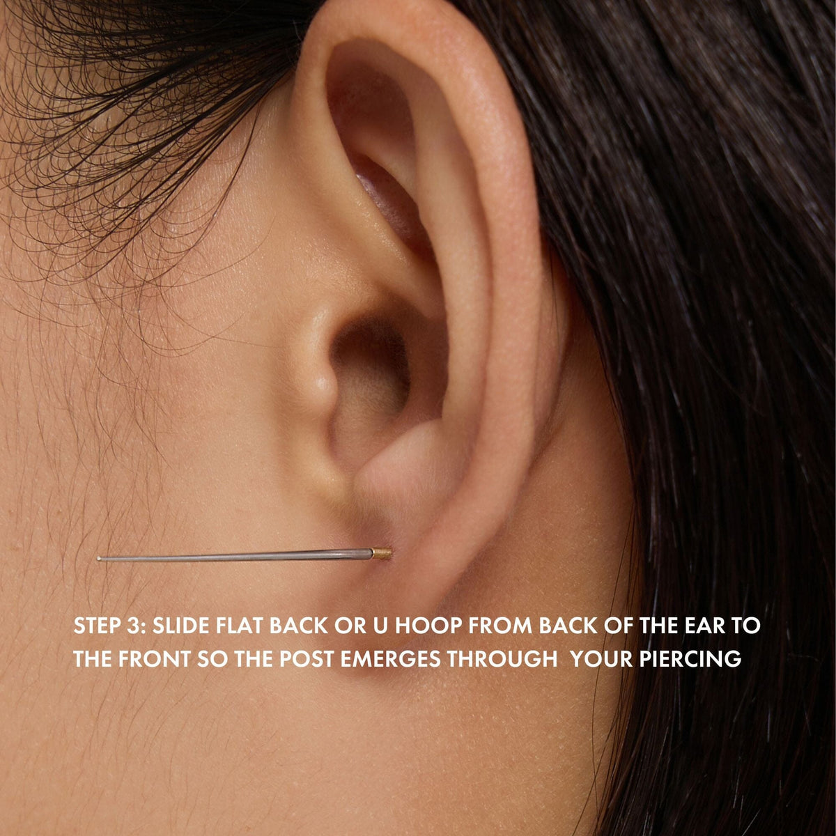 Taper guide, step 3, with an ear close-up and a post protruding from the lobe.