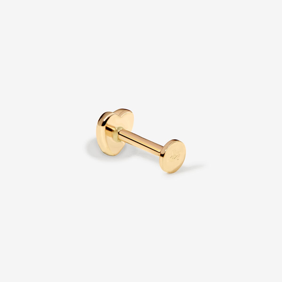 Rear view of Saint gold heart stud with a flat disc back.
