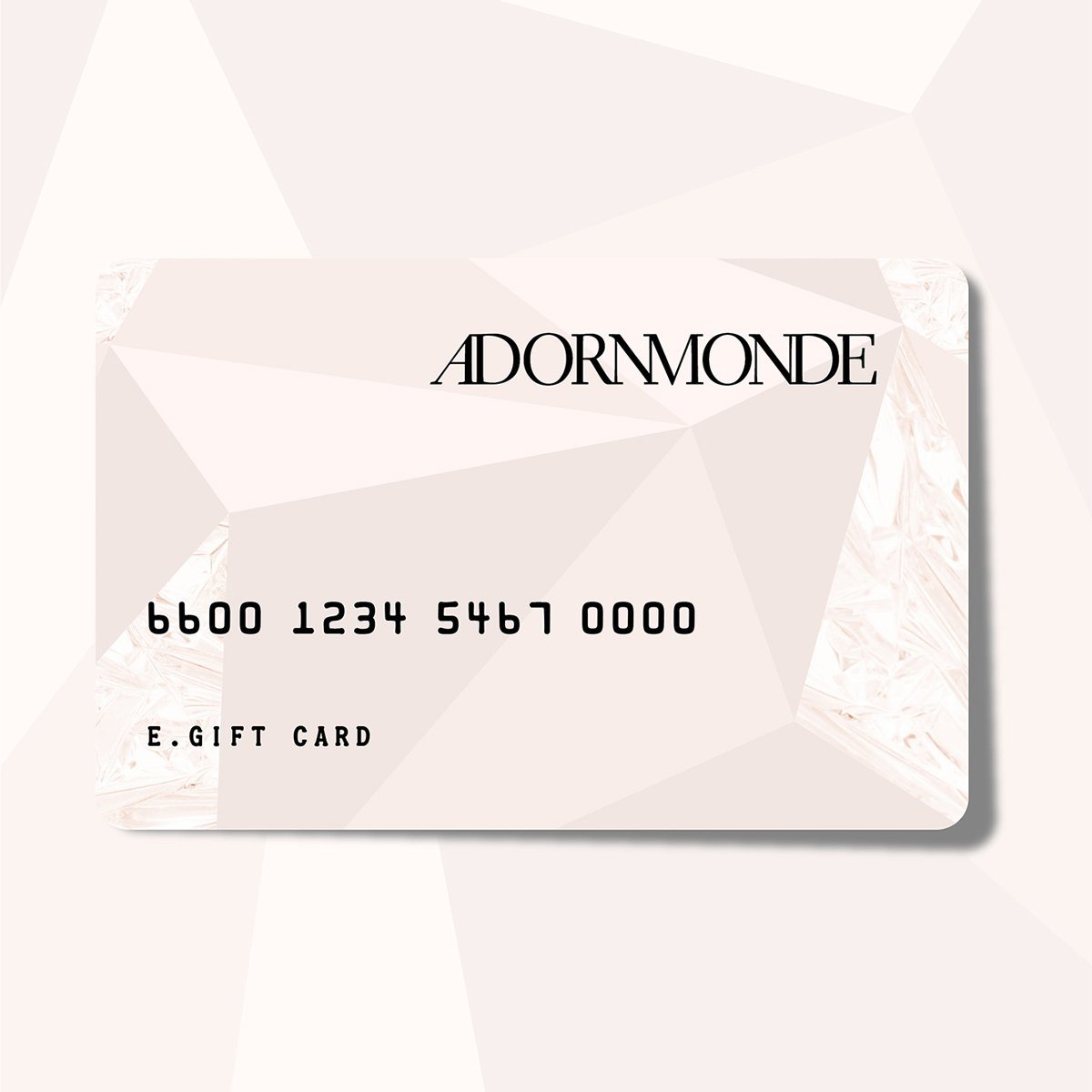 Adornmonde e-gift card on a pale pink geometric background.